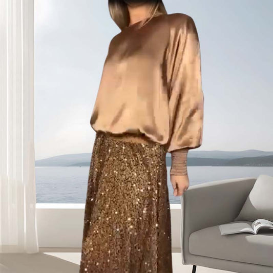 💃2025 New Arrival Pre-Sale✨Women's Long Sleeve Top & Sequin Maxi Skirt Two-Piece Set