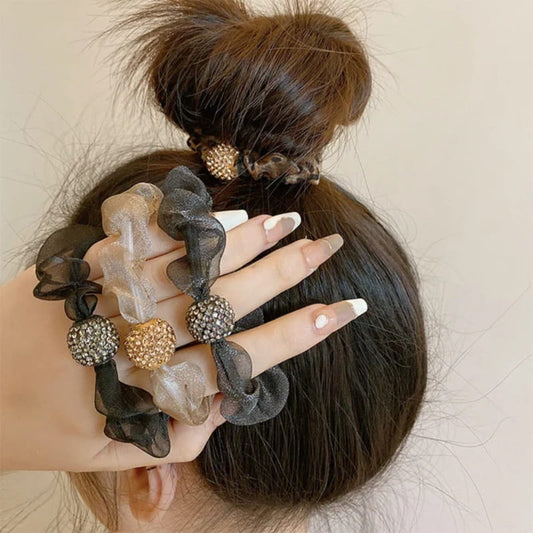 Ligas elegantes para el cabello con malla y pedrería