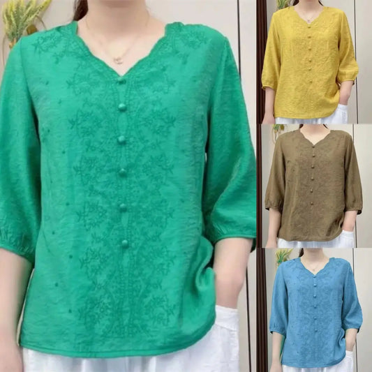 👚2024 retro embroidered linen V-neck loose top （50% OFF）