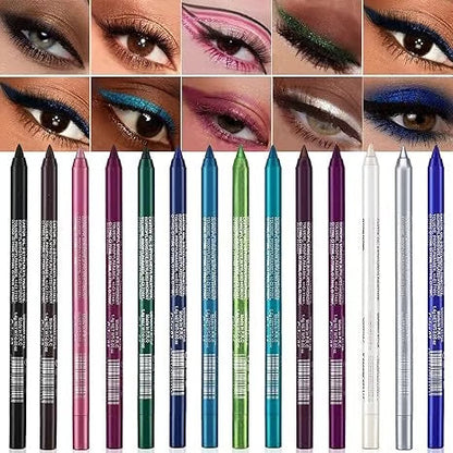 14-Pack Eyeliner Pencil Waterproof Colored Gel Liners with Metallic & Shimmer Finishes Smudge-Proof