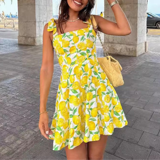 Lemon Printed Mini Dress with Bowknot Tie Strap