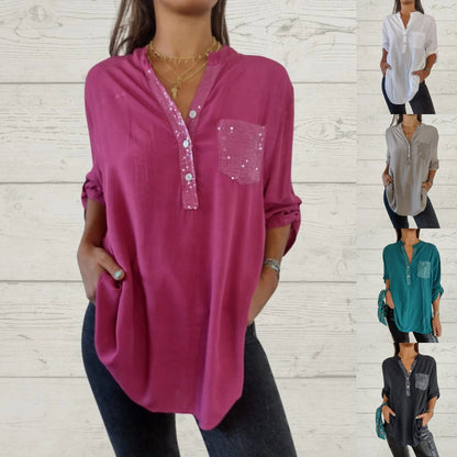 ⏳Limited Sale 50% OFF🌸Women's Sequin Patchwork V-neck Shirt