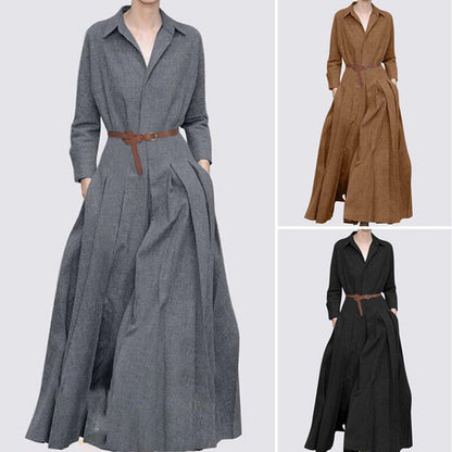 💖Retro Super Long Solid Color Shirt Dress （50% OFF）