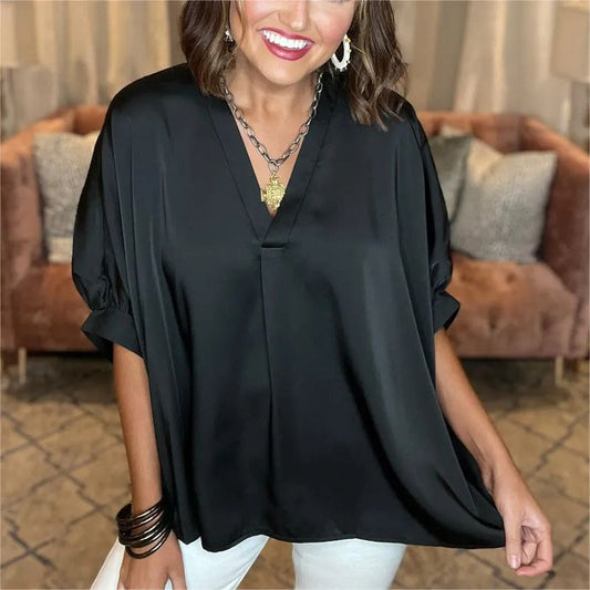 🔥New arrivals-50%OFF🔥Classic women's blouse in silk satin with a V-neckline and short sleeves