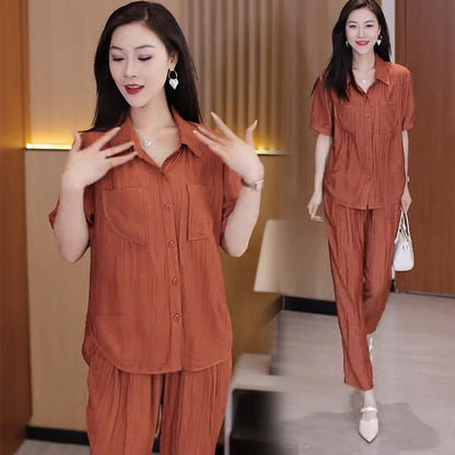 Casual Solid Color Short Sleeve Shirt & Ankle Pants 2 Piece Set