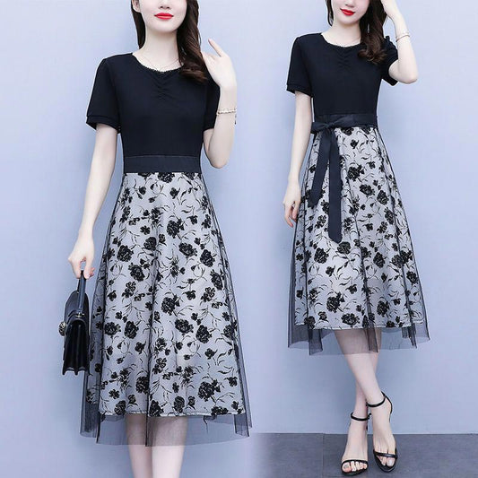 Women's Black Short-sleeve Patchwork Mesh Dress