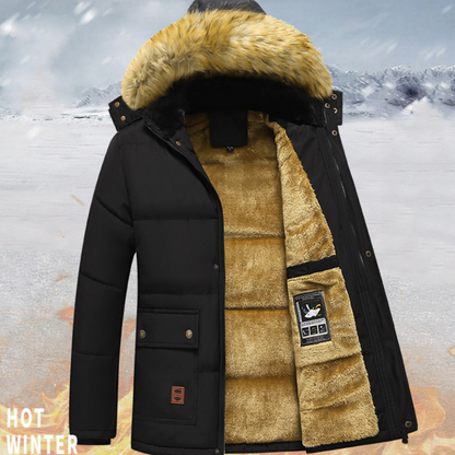 Men's Plush-Lined Thick Winter Jacket with Removable Hood