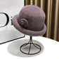 Thick Knitted Curled Brim Basin Hat with Floral Accent