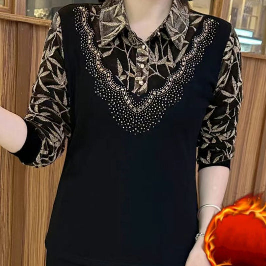 Elegant Warm Thickened Lapel Floral Top