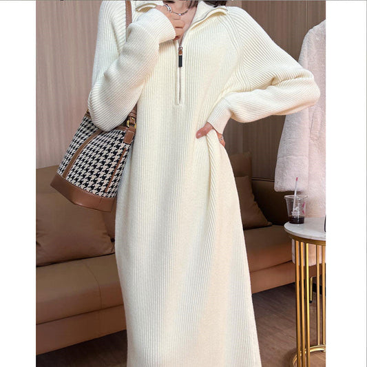 [Women’s Gift] Women Casual Half Zip Long Sleeve Knit Sweater Dress（30% OFF）