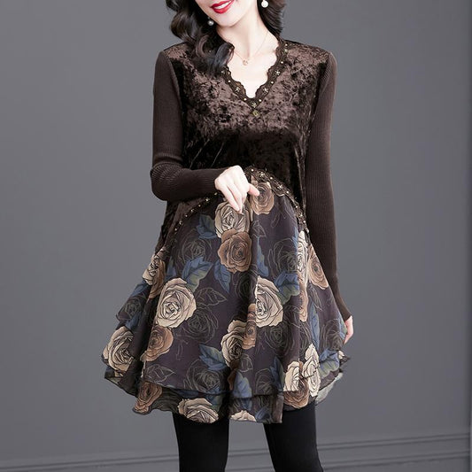 Best Gift for Her * Elegant Floral Print Lace Trim V-Neck Dress