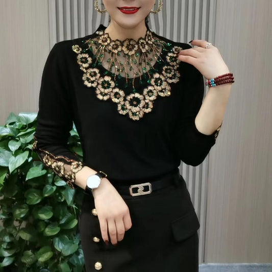 Women’s Elegant Mesh Collar Plush-Lined Bottom Shirt