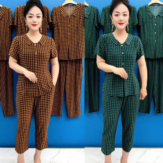 💐Women's Cooling Plaid Top & Pants 2-Piece Set（45% OFF）