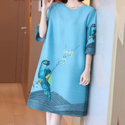 Women’s Ice Silk Vintage Print Crepe Dress